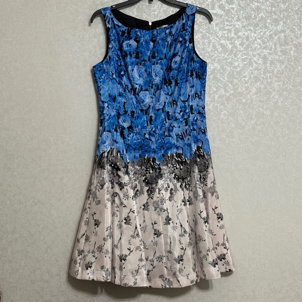J. Taylor Gradient Blue Black‎ Gray Rose Floral Sleeveless Fit & Flare Dress 10